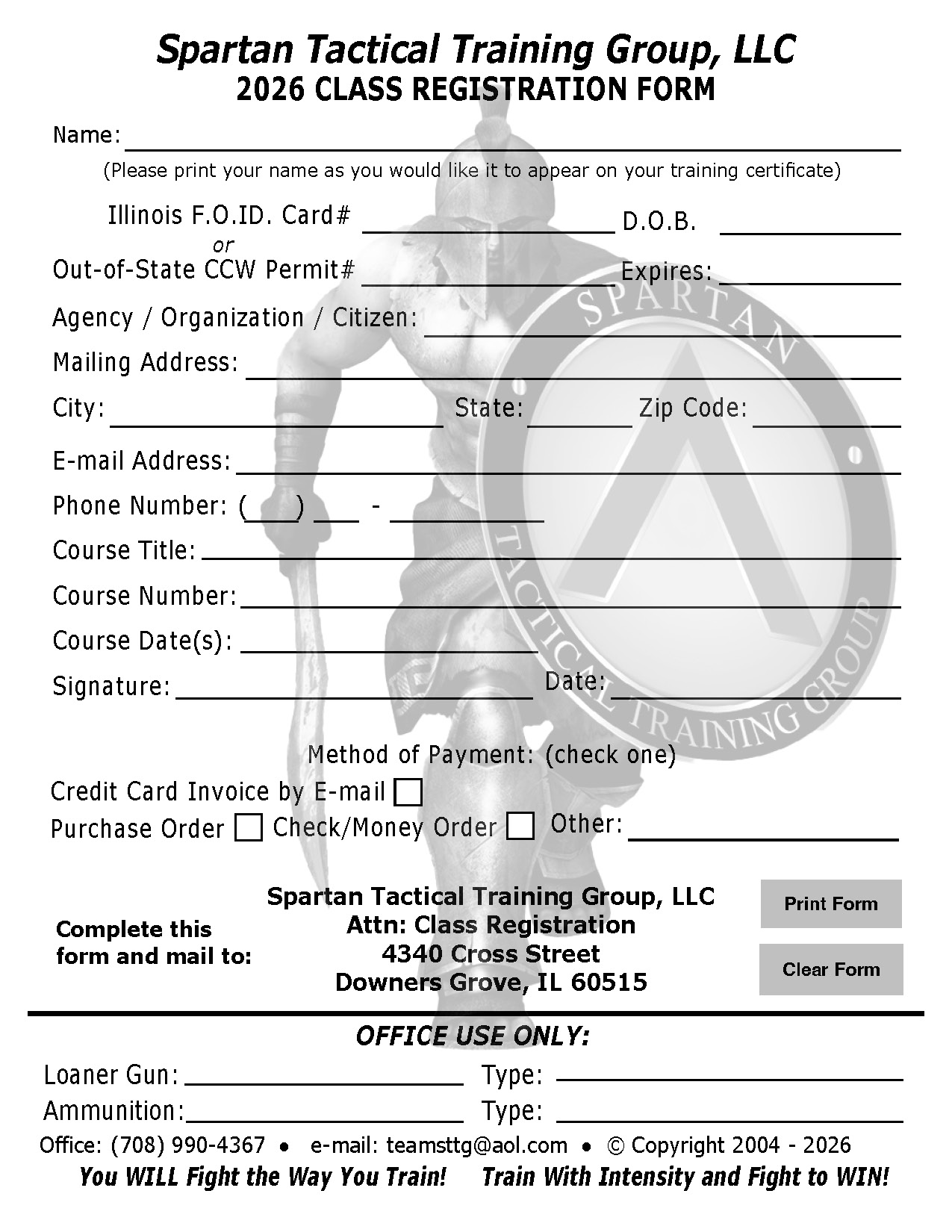 Spartan Tactical CLASS REGISTRATION Form 2022